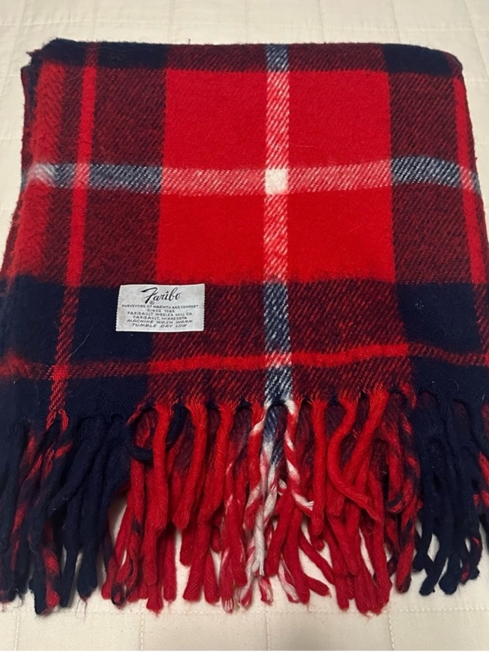 Faribo Faribault Woolen Mill Co. Red White Blue Fringed Throw Blanket